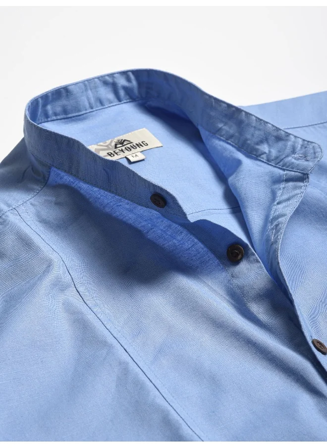 Beyoung Arctic Blue Half Sleeve Linen Shirt for Men