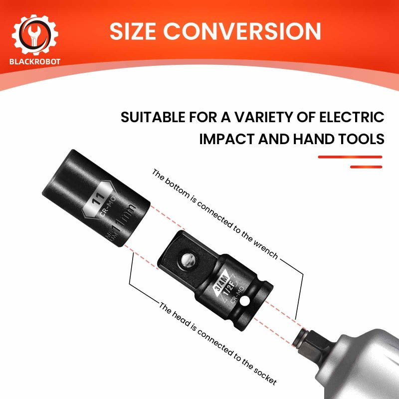 BLACKROBOT 1/2â€F To 3/4â€M Impact Socket Adapter, Cr-Mo Steel Exceeds ANSI Standards, Square Drive Reducer for Impact Driver Wrench - Image 5