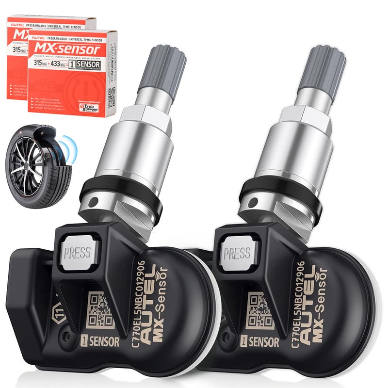 Autel TPMS MX Sensor 315 433Mhz 2in1 Tire Sensors OELevel PressRelease Universal 100 Programmable by TPMS Tool TS408S TS501 PRO TS508WF MX808STS MK900TS MS906TS MS906 PROTS 2PCS Metal Stem