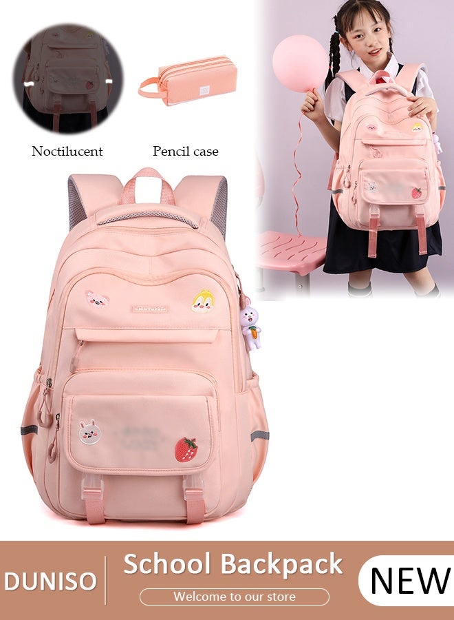 DUNISO Girl's School Backpack with Pencil Case Waterproof Book Bag with Compartments for Teen Girl Kid Students Elementary School Kids' School Bag With Large Capacity and Reflective strip - Image 1