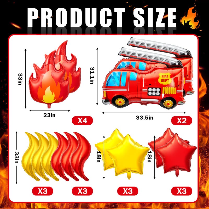 Glimin 18 Pcs Fire Truck Balloons Set 4 Aluminum Foil Flame Balloon, 2 Fire Truck Firefighter Balloon, 6 Fire Balloons, 6 Star Balloons for Rescue Themed Decoration Firefighter Birthday Party Supplies - Image 2