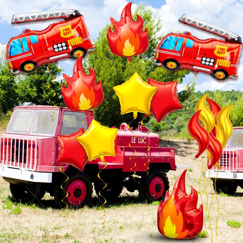 Glimin 18 Pcs Fire Truck Balloons Set 4 Aluminum Foil Flame Balloon, 2 Fire Truck Firefighter Balloon, 6 Fire Balloons, 6 Star Balloons for Rescue Themed Decoration Firefighter Birthday Party Supplies - Image 4