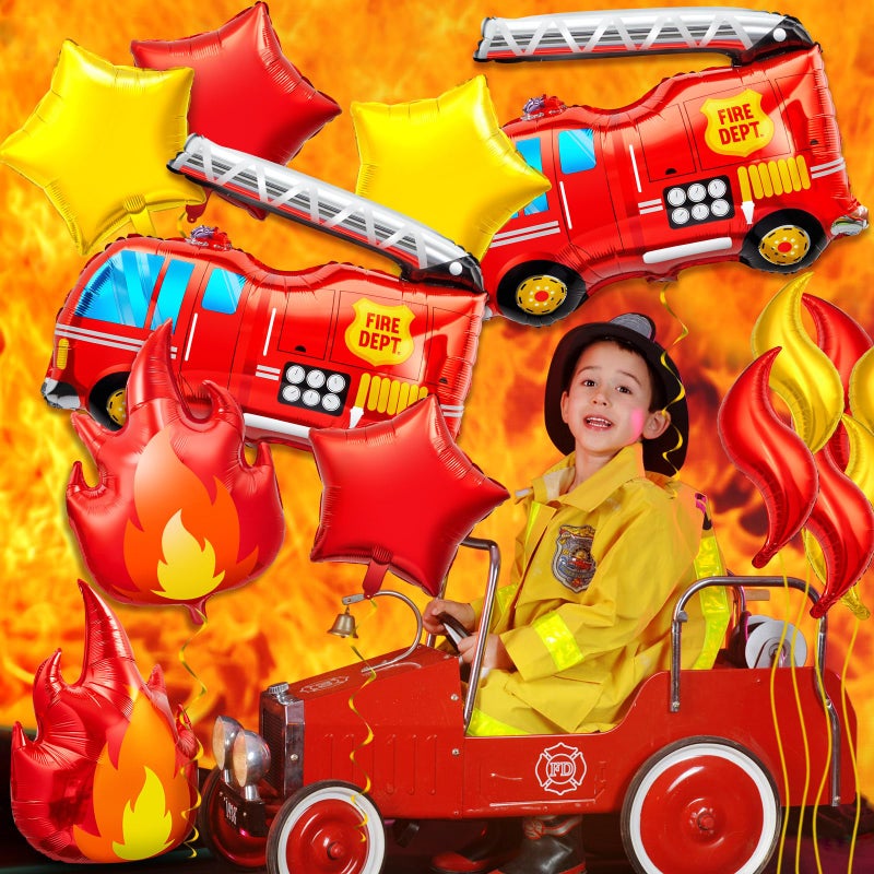 Glimin 18 Pcs Fire Truck Balloons Set 4 Aluminum Foil Flame Balloon, 2 Fire Truck Firefighter Balloon, 6 Fire Balloons, 6 Star Balloons for Rescue Themed Decoration Firefighter Birthday Party Supplies - Image 5