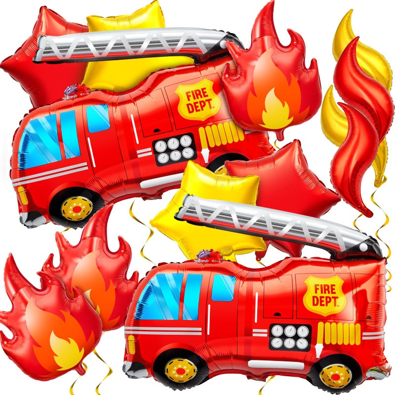 Glimin 18 Pcs Fire Truck Balloons Set 4 Aluminum Foil Flame Balloon, 2 Fire Truck Firefighter Balloon, 6 Fire Balloons, 6 Star Balloons for Rescue Themed Decoration Firefighter Birthday Party Supplies - Image 1
