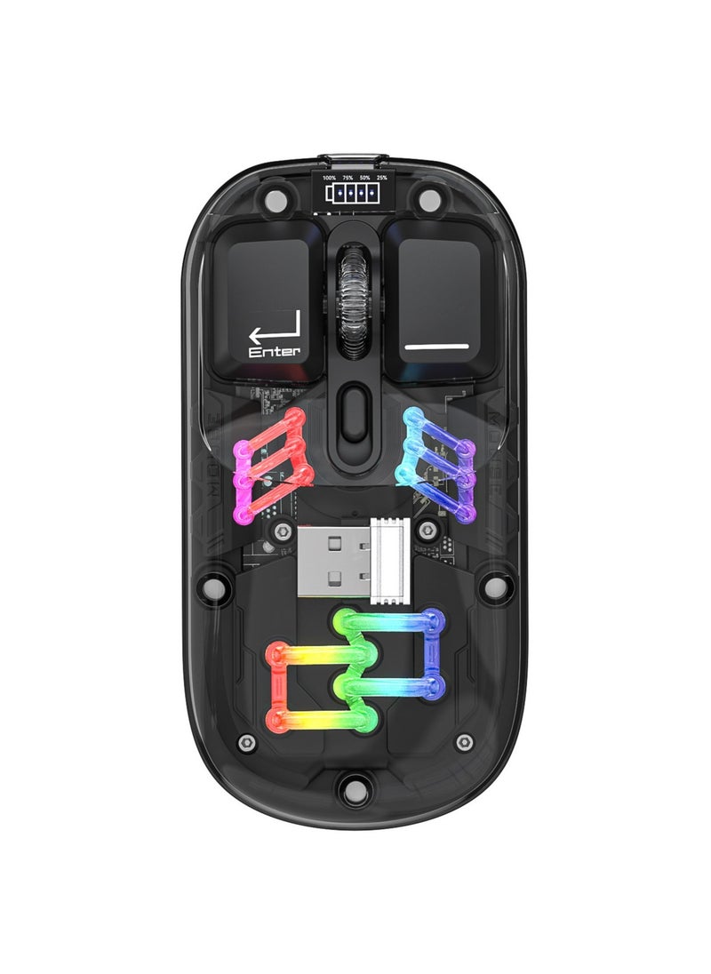 إتش إكس إس جيه HXSJ T200 ماوس لاسلكي شفاف ثنائي الوضع 2.4G/بلوتوث 5.0 ماوس قابل لإعادة الشحن تصميم مغناطيسي إضاءة RGB باللون الأسود  - Image 1