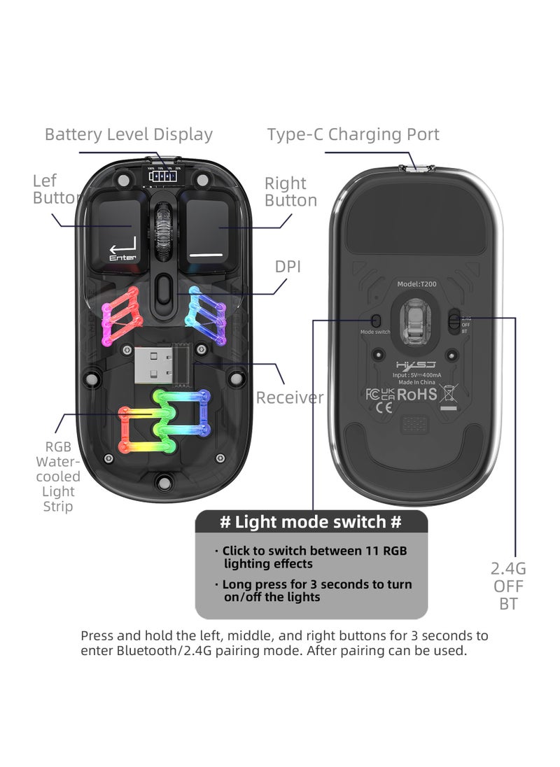 إتش إكس إس جيه HXSJ T200 ماوس لاسلكي شفاف ثنائي الوضع 2.4G/بلوتوث 5.0 ماوس قابل لإعادة الشحن تصميم مغناطيسي إضاءة RGB باللون الأسود  - Image 4