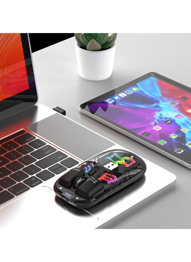 إتش إكس إس جيه HXSJ T200 ماوس لاسلكي شفاف ثنائي الوضع 2.4G/بلوتوث 5.0 ماوس قابل لإعادة الشحن تصميم مغناطيسي إضاءة RGB باللون الأسود  - Image 5