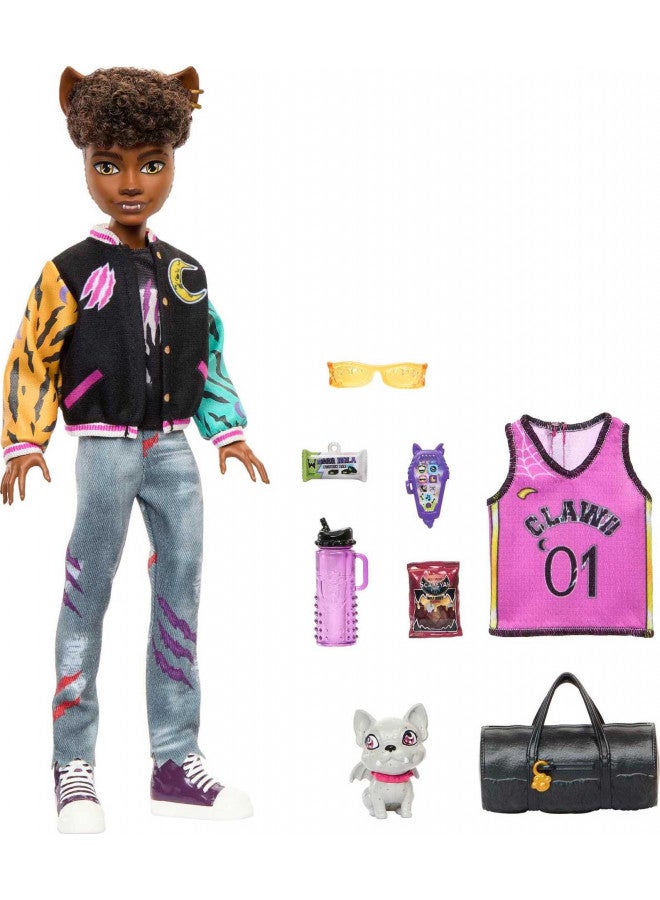Monster High Doll, Clawd Wolf Werewolf with Pet Gargoyle Bulldog & Themed Accessories, Includes Casketball Jersey & Bag - Image 1