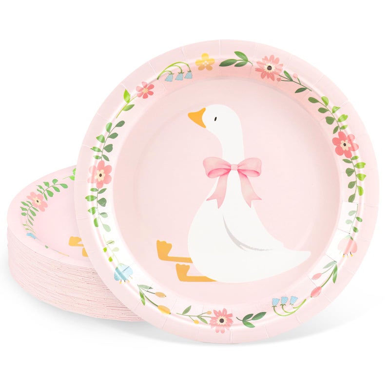 FYSUIMU Silly Goose Paper Plates Disposable Plates Pink Bow Goose Floral Decorative Dinner Plate 9 Inch for Birthday Party Baby Shower Table Decor Supplies, 40 Pcs - Image 1