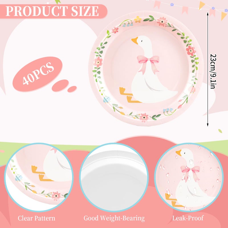 FYSUIMU Silly Goose Paper Plates Disposable Plates Pink Bow Goose Floral Decorative Dinner Plate 9 Inch for Birthday Party Baby Shower Table Decor Supplies, 40 Pcs - Image 2