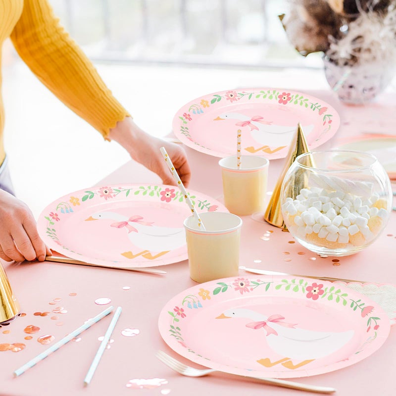 FYSUIMU Silly Goose Paper Plates Disposable Plates Pink Bow Goose Floral Decorative Dinner Plate 9 Inch for Birthday Party Baby Shower Table Decor Supplies, 40 Pcs - Image 4