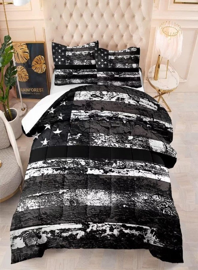kxry Black and White USA American Flag Comforter Set Queen Size for Boys Kids Teens Dirty US Stars Stripes Flags Bedding Quilt 1 Comforter + 2 Pillow Cases - Image 1