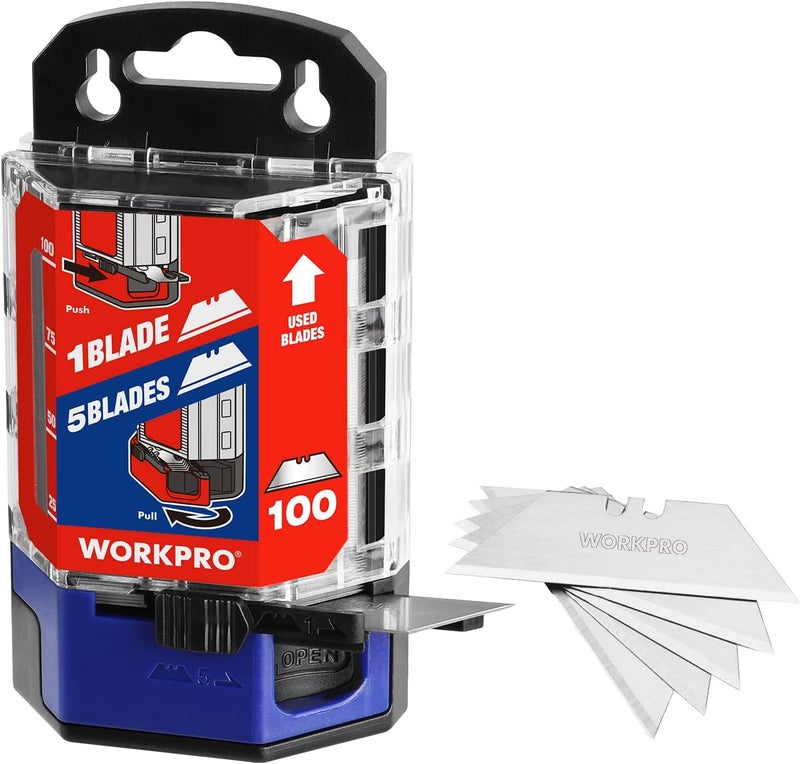 WORKPRO شفرات سكين متعددة الاستخدامات، عبوة 100 شفرة استبدال مع موزع، فولاذ كربوني SK5، أحمر - Image 1