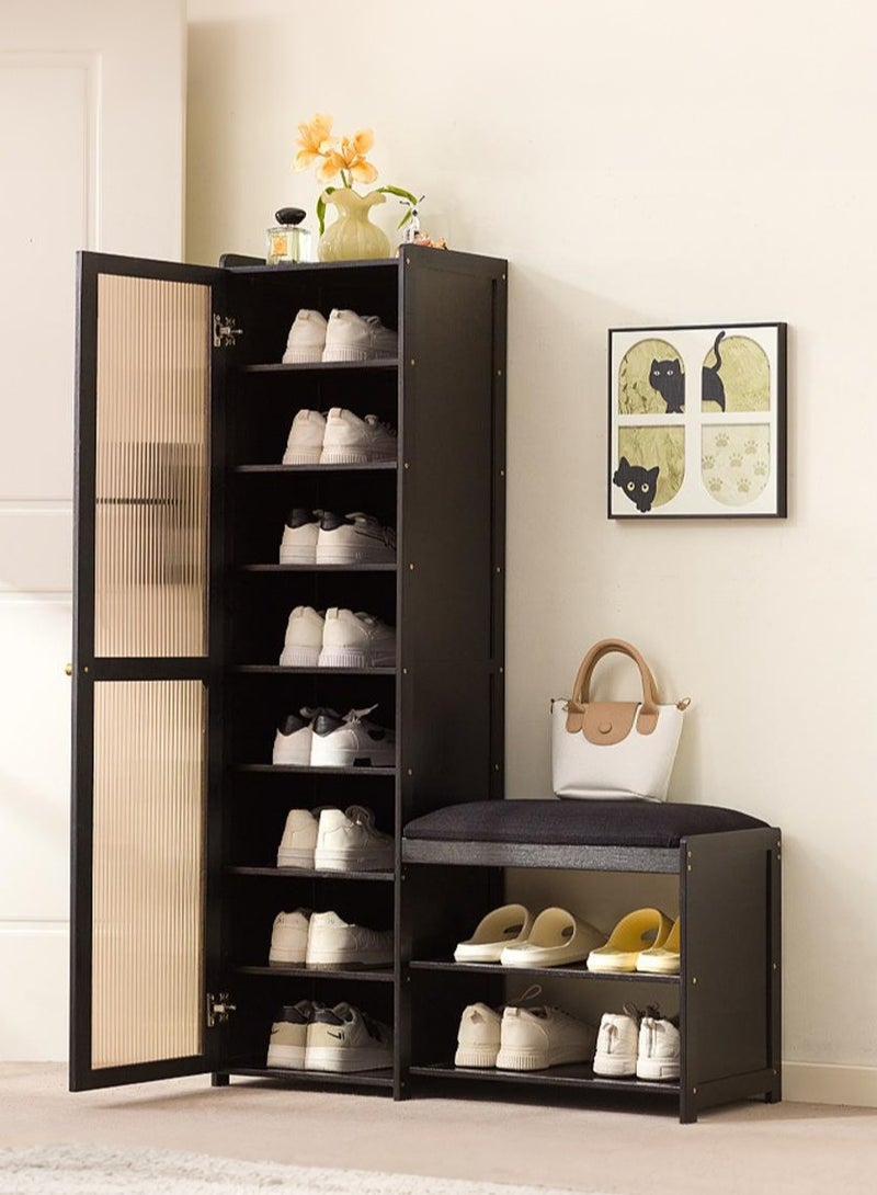 WALALLA Multi-Layer Wood Shoe Cabinet with Cushioned Seat with Dustproof  Door,Multifunctional Mid-Century Modern Shoe Storage Organizer with Seating, Integrated Shoe Rack for Home Entrance, Entryway Sitting Stool for Living Room and Dormitory Corner Shoe Shelf,Black - Image 1