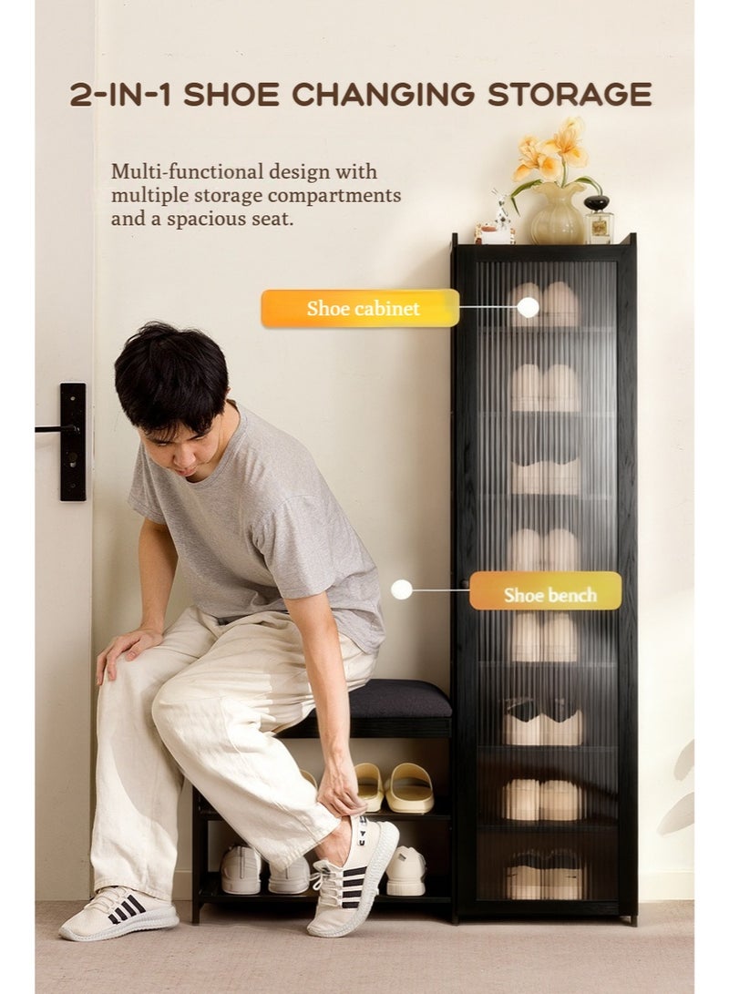 WALALLA Multi-Layer Wood Shoe Cabinet with Cushioned Seat with Dustproof  Door,Multifunctional Mid-Century Modern Shoe Storage Organizer with Seating, Integrated Shoe Rack for Home Entrance, Entryway Sitting Stool for Living Room and Dormitory Corner Shoe Shelf,Black - Image 2