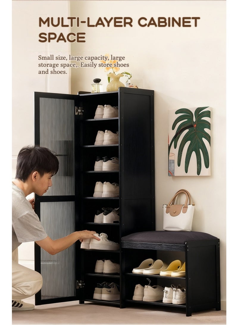 WALALLA Multi-Layer Wood Shoe Cabinet with Cushioned Seat with Dustproof  Door,Multifunctional Mid-Century Modern Shoe Storage Organizer with Seating, Integrated Shoe Rack for Home Entrance, Entryway Sitting Stool for Living Room and Dormitory Corner Shoe Shelf,Black - Image 3