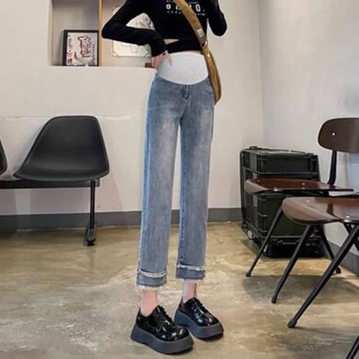 Maternity Denim Jeans Spring Loose Fit Straight-Leg Capris Black - Image 2