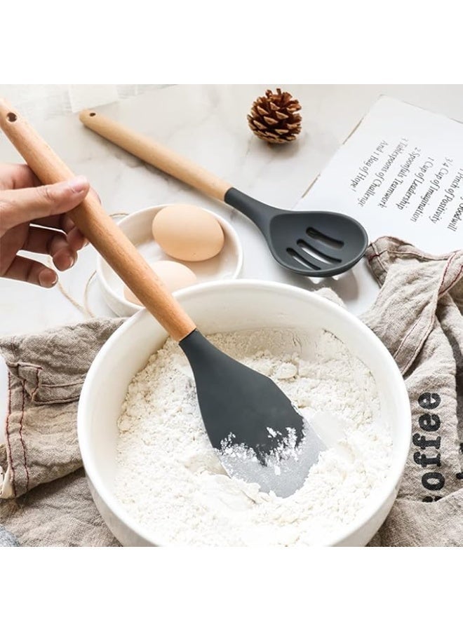 12-Piece Silicone Kitchen Utensil Set with Holder - Non-Stick Kitchen Utensil Set for Cooking and Baking - Heat Resistant and BPA Free with Wooden Handle - Household Kitchen Supplies (Gray) - Image 4