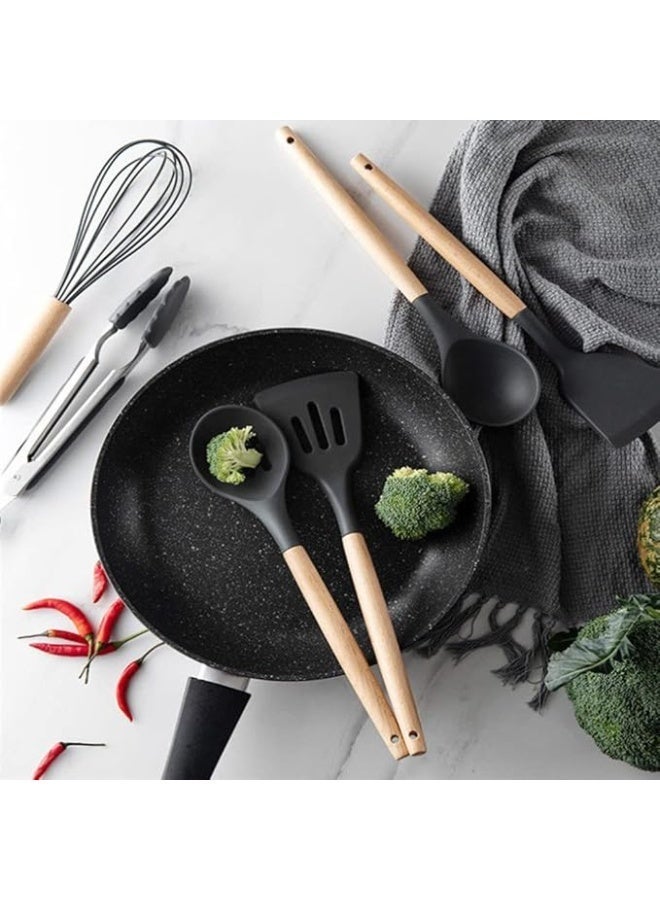 12-Piece Silicone Kitchen Utensil Set with Holder - Non-Stick Kitchen Utensil Set for Cooking and Baking - Heat Resistant and BPA Free with Wooden Handle - Household Kitchen Supplies (Gray) - Image 3