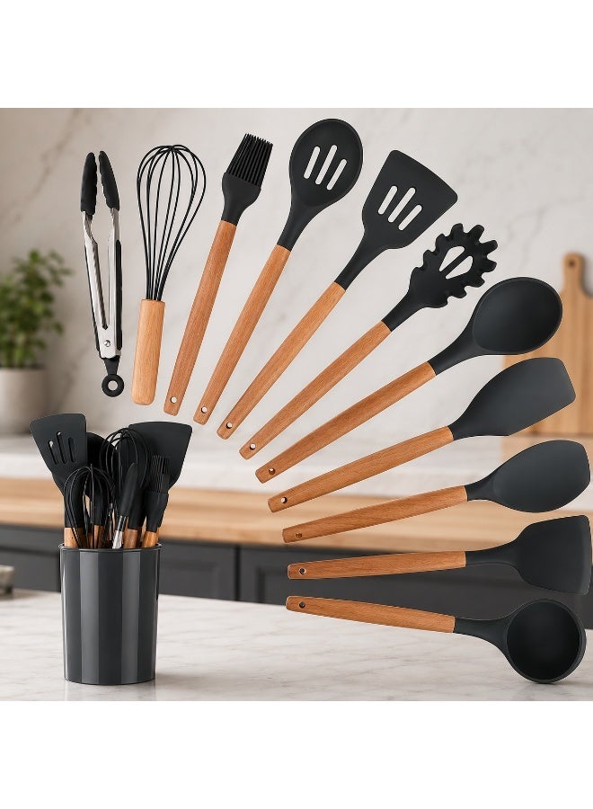12-Piece Silicone Kitchen Utensil Set with Holder - Non-Stick Kitchen Utensil Set for Cooking and Baking - Heat Resistant and BPA Free with Wooden Handle - Household Kitchen Supplies (Gray) - Image 1