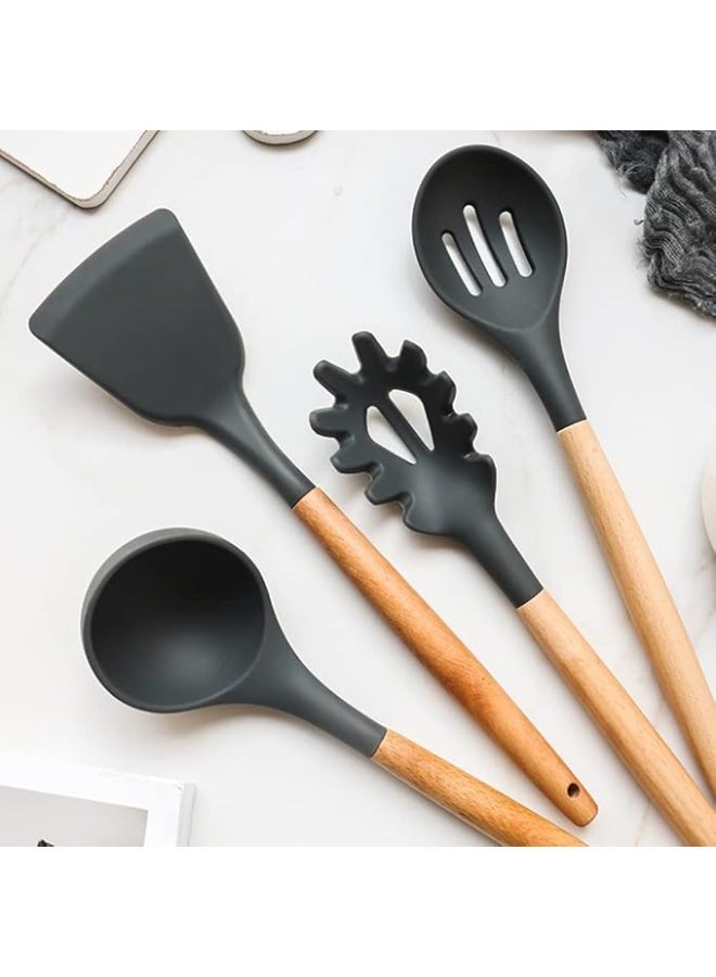 12-Piece Silicone Kitchen Utensil Set with Holder - Non-Stick Kitchen Utensil Set for Cooking and Baking - Heat Resistant and BPA Free with Wooden Handle - Household Kitchen Supplies (Gray) - Image 2