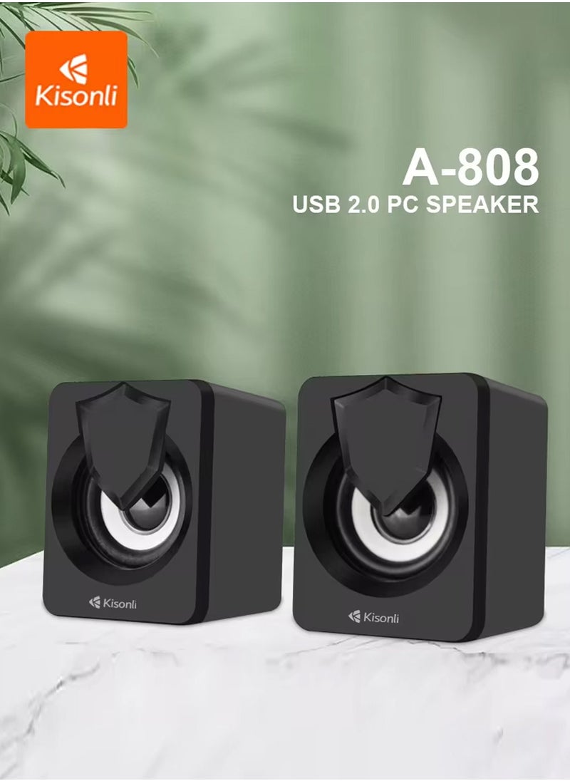 كيسونلي - مكبر صوت صغير A-808 3 وات مكبر صوت للوسائط المتعددة للكمبيوتر الشخصي والألعاب والموسيقى والدراسة والكمبيوتر المحمول مزود بمدخل USB ومدخل صوتي 3.5 سلكي، RGB ملون، 2.0 قناة مسرح منزلي سلكي، جودة جيدة، اختيار عام ممتاز - Image 1