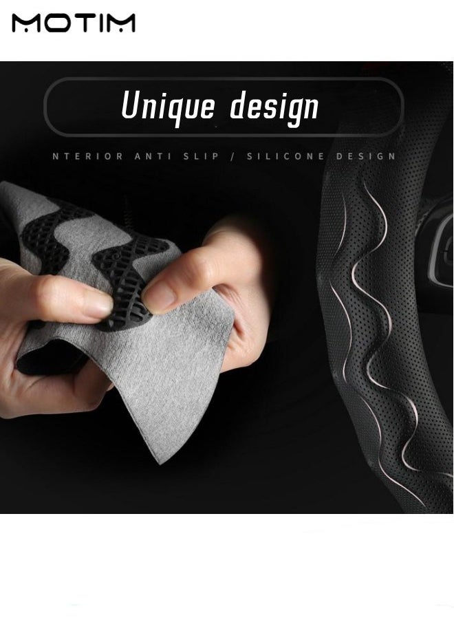 Motim Leather Car Steering Wheel Cover, Non Slip Rubber Car Steering Wheel Protector, Breathable Wear Resistant, Car Interior Accessories, Fit for Most Car, Trucks, SUV, Universal 38cm/15 inches  - Image 3