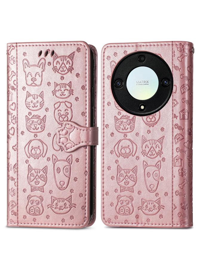 اس-توب جراب هاتف Honor Magic5 Lite من الجلد المنقوش برسومات قطة وكلب لطيفين - Image 2