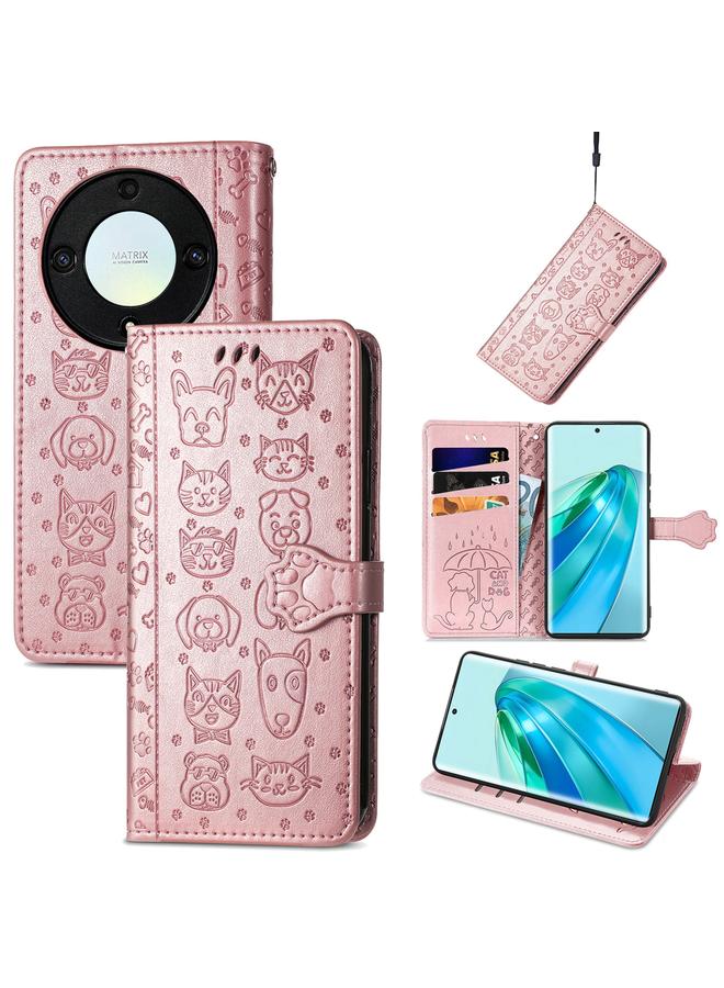 اس-توب جراب هاتف Honor Magic5 Lite من الجلد المنقوش برسومات قطة وكلب لطيفين - Image 1