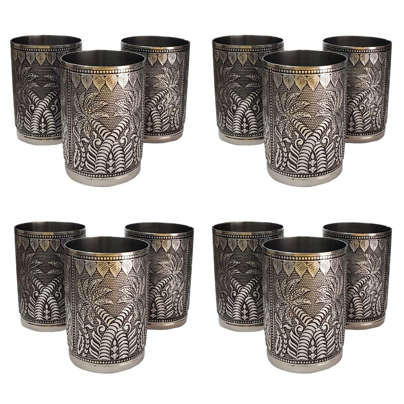 Newvent 12 Pcs Coconut Tree Design Silver Steel Glass Silver Serving Glasses Decorative Meenakari Glass Set Colour Silver - Image 1