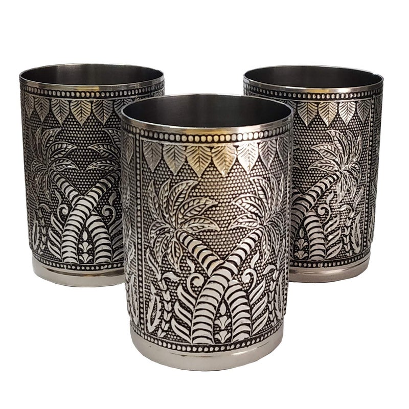 Newvent 12 Pcs Coconut Tree Design Silver Steel Glass Silver Serving Glasses Decorative Meenakari Glass Set Colour Silver - Image 2