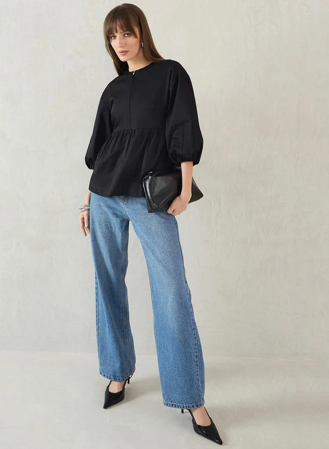 Femmella Femmella Black Cotton Half-Zip Peplum Top