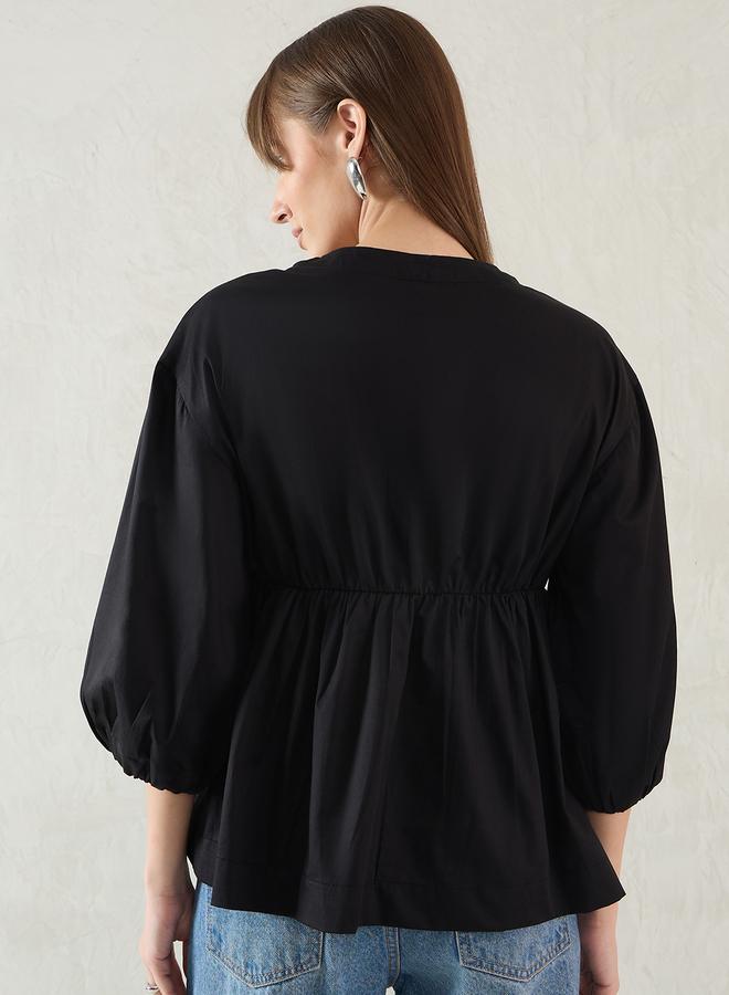 Femmella Black Cotton Half-Zip Peplum Top - Image 2