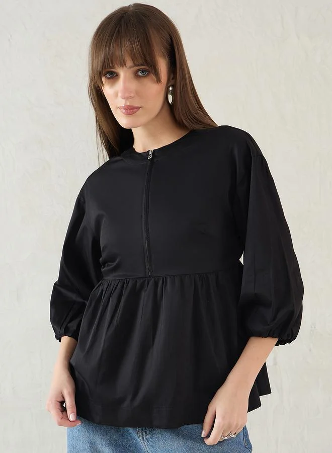 Femmella Femmella Black Cotton Half-Zip Peplum Top