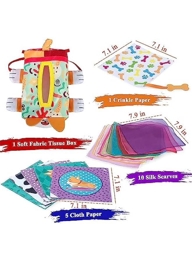 هوكور لعبة صندوق مناديل للأطفال، ألعاب مونتيسوري الحسية للأطفال من عمر 6 إلى 12 شهر، صندوق مناديل تعليمي ناعم، أوشحة ملونة للتعلم المبكر بعمر سنة واحدة للأولاد والبنات، قطن - Image 4