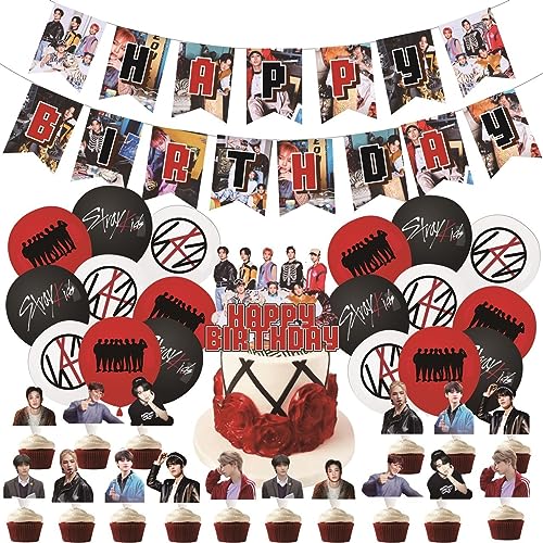eTel Like Stray Kids Merch 5 Star Party Decorations Include Happy Birthday Banners, Cake Toppers, Cupcake Toppers, Balloons - Image 1