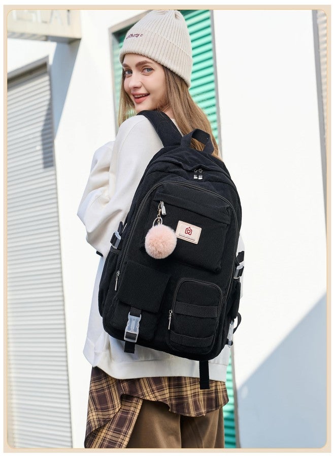 Hidds School Backpack Laptop College Backpacks Corduroy Bag Students Bookbag Anti Theft Travel Daypack for Teens Girls Women, 01-corduroy Black, Medium, School Backpack, College Backpack, Bookbag - Image 2