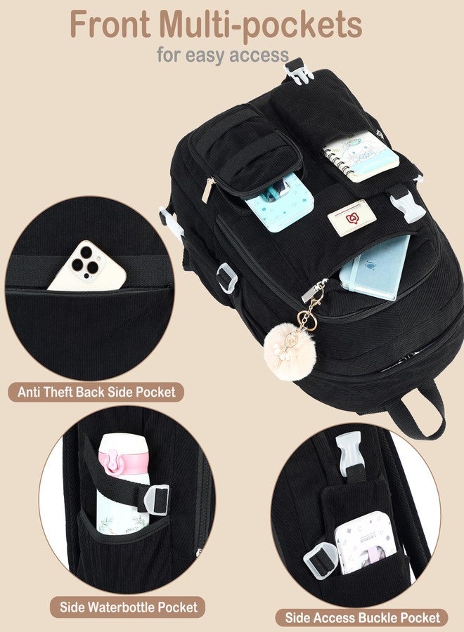 Hidds School Backpack Laptop College Backpacks Corduroy Bag Students Bookbag Anti Theft Travel Daypack for Teens Girls Women, 01-corduroy Black, Medium, School Backpack, College Backpack, Bookbag - Image 4