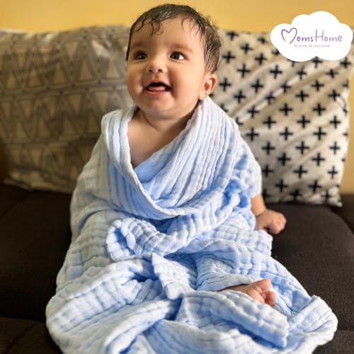 MOM'S HOME Baby Super Soft Absorbent Muslin 6 Layer wash Towel- 100X100 CM - | 0-3 Years | Blue - Image 4