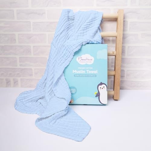 MOM'S HOME Baby Super Soft Absorbent Muslin 6 Layer wash Towel- 100X100 CM - | 0-3 Years | Blue - Image 2