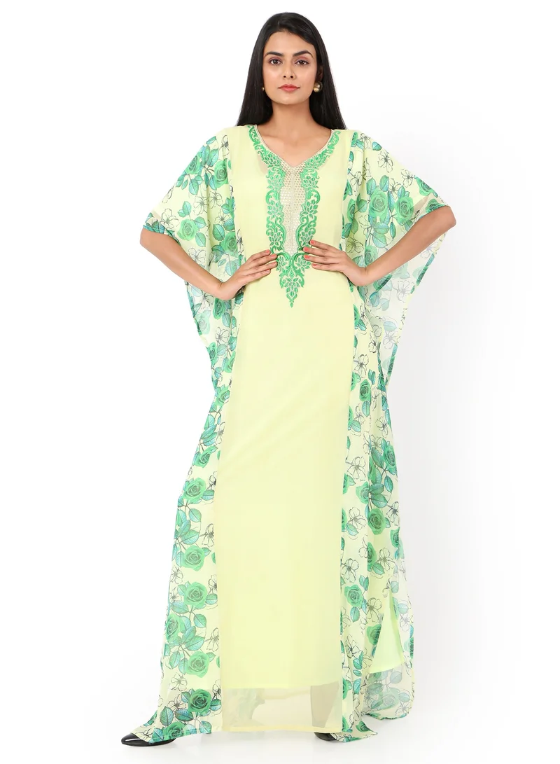 HANA & SARA CLASSY PRINTED LONG VISCOSE ELEGANT EMBROIDERED ARABIC KAFTAN JALABIYA DRESS
