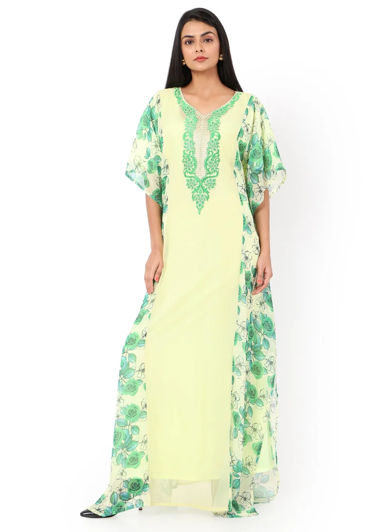 HANA & SARA CLASSY PRINTED LONG VISCOSE ELEGANT EMBROIDERED ARABIC KAFTAN JALABIYA DRESS