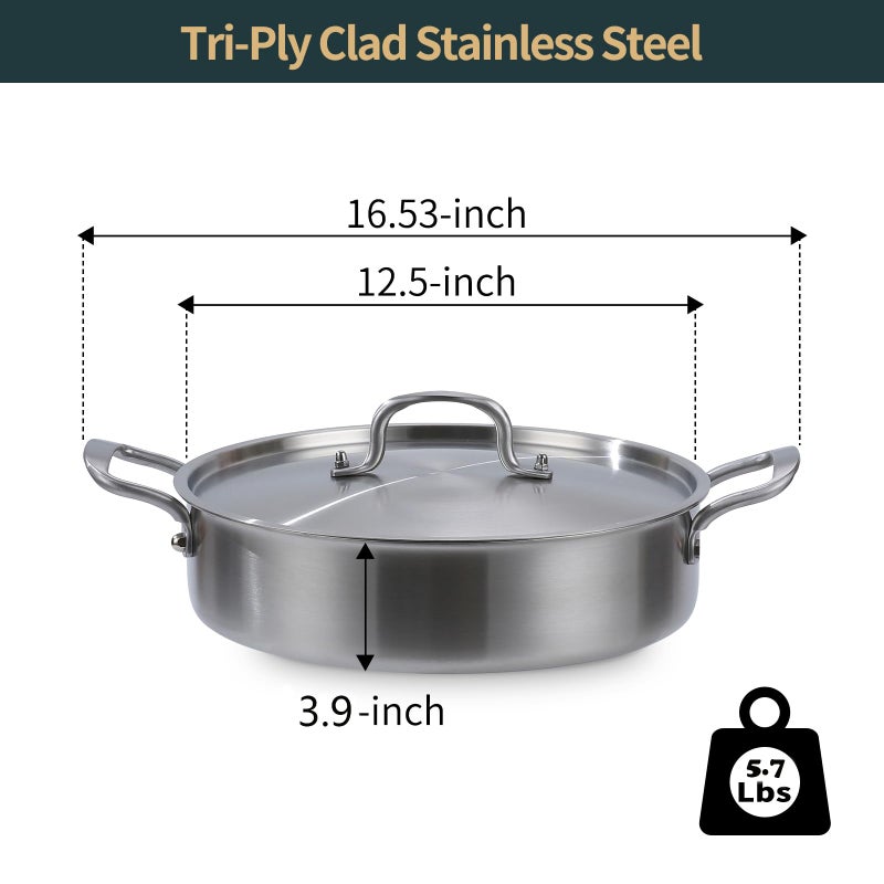 Yeksum Saute Pan, 7 Quart Tri-Ply Stainless Steel Saute Pan, 12inch Deep Frying Pan with Lid, Saute Skillet, Rondeau Pot with Lid Compatible with All Cooktops Up to 600â„‰ - Image 3