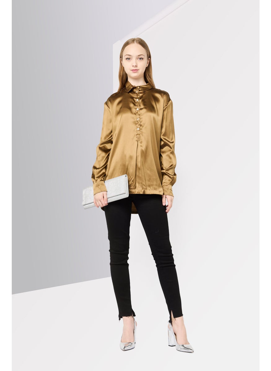 Harmont & Blaine Women Spread Collar Plain Blouse, Deep Bronze  - Image 2