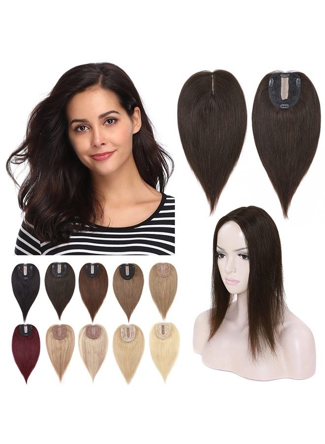 SEGO Hair Toppers for Women Real Human Hair No Bangs 130% Density 10 * 12CM Silk Base 100% Remy Human Hair Clip in Top Wiglet Hair Pieces for Thinning Hair-14 Inch Dark Brown