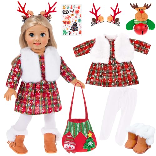 ebuddy 18 inch Doll Clothes and Accessories Christmas Costume Playset Including DressFur Vest Tights Boots Hair ClipsBell and Sticker No Doll - Image 1