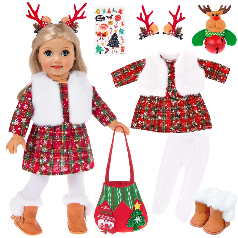 ebuddy 18 inch Doll Clothes and Accessories Christmas Costume Playset Including DressFur Vest Tights Boots Hair ClipsBell and Sticker No Doll - Image 3