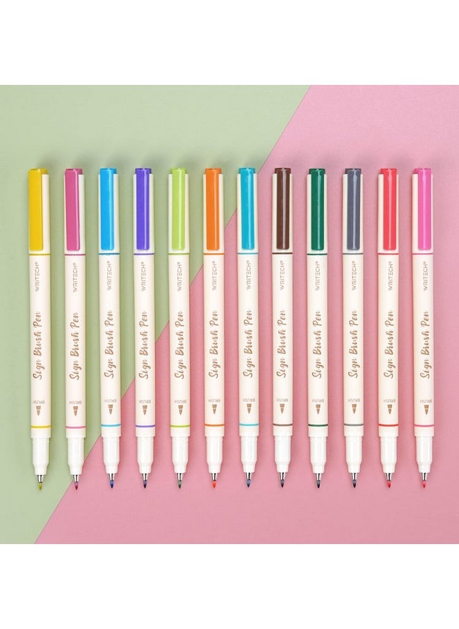 WRITECH Brush Tip Marker Pens: Artist Markers Flexible Tip Water Based 12Ct Assorted Colors For Journaling Adult Coloring Hand Lettering Calligraphy Drawing Vibrant Colored  - Image 1