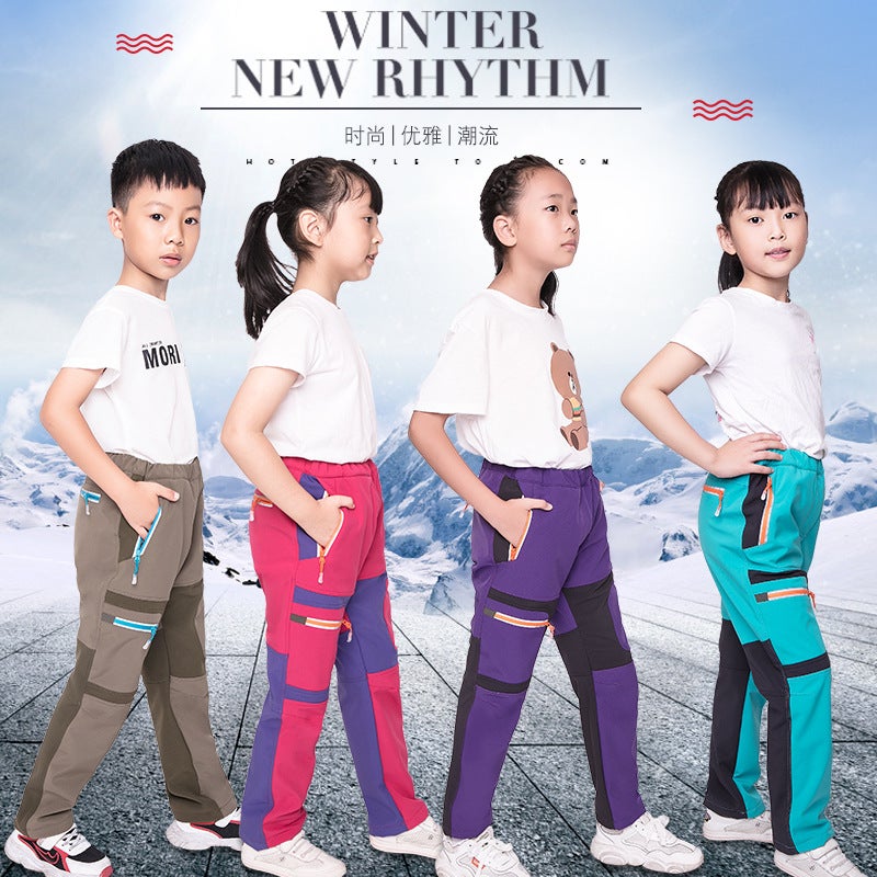 Student Children Soft Shell Pants Reflective Shark Skin Soft Shell Charge Pants Color-Block Warm Waterproof Windproof 1962 - Image 2
