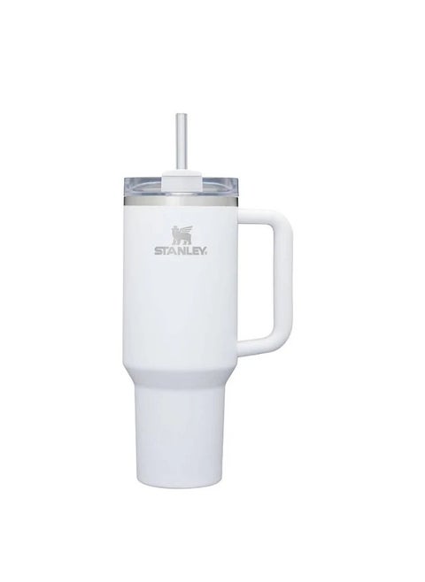 40oz Tumbler with Handle Insulated Stainless Steel Travel Coffee Mug with Straw & Medium Water Bottle Cup for Hot & Cold Beverages (White)
